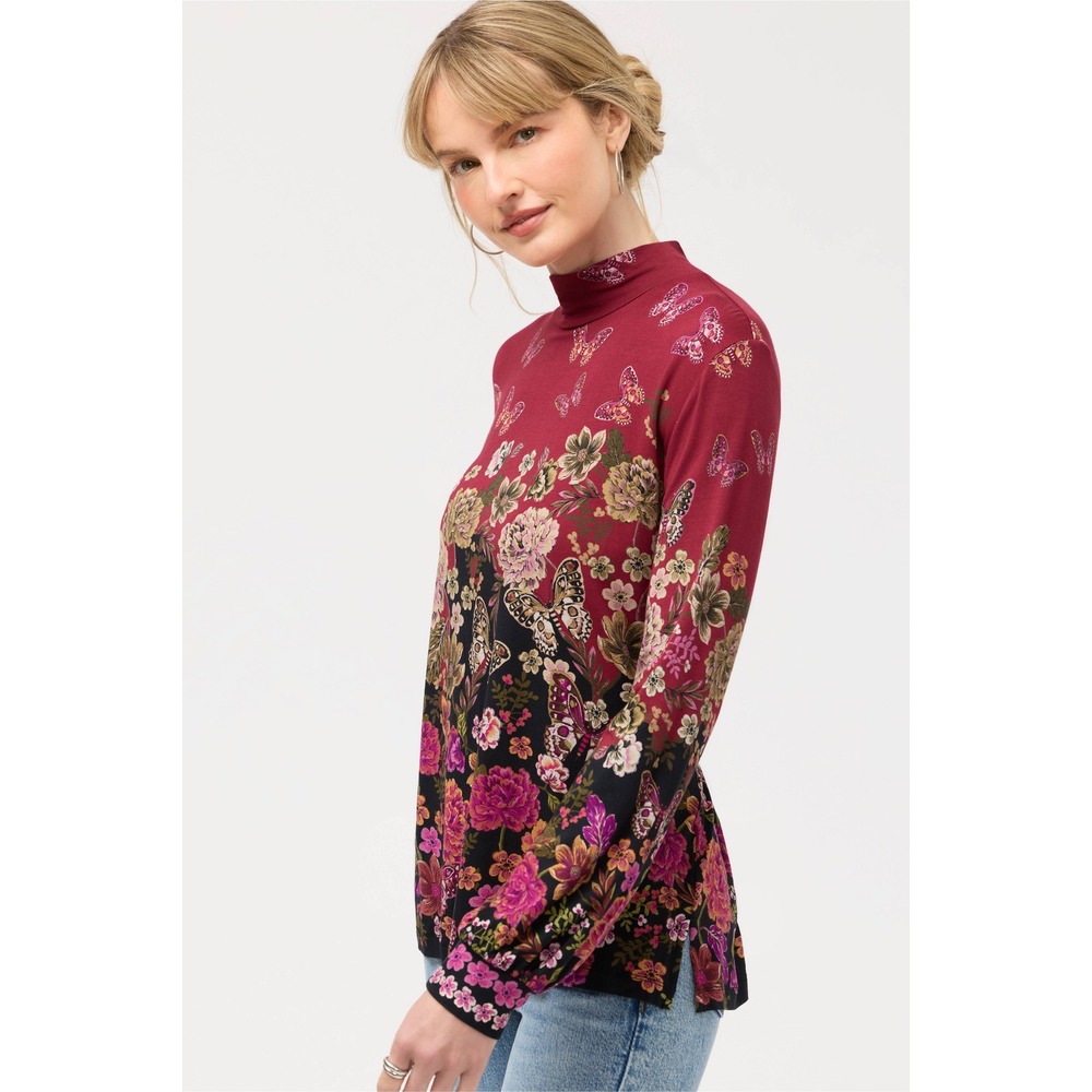 Johnny Was Janie Favorite Mock Neck Top Size PL Burgundy Butterfly Floral Comfy‎